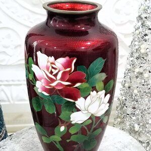 Vintage Japanese Ginbari Cloisonne Ando Sato Pigeon Blood Roses Vase 7"